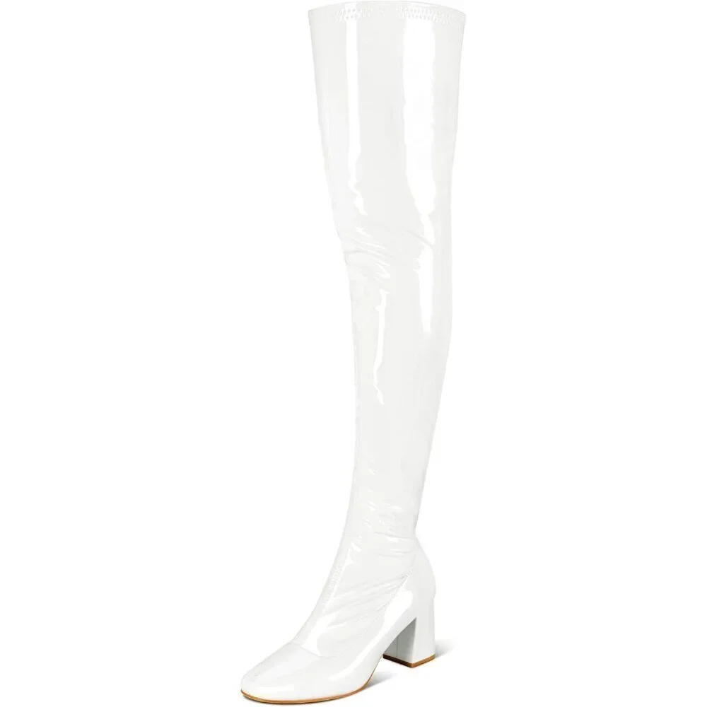 Women White Patent Leather PU Chunky Heel Over The Knee Square Toe Long Boot